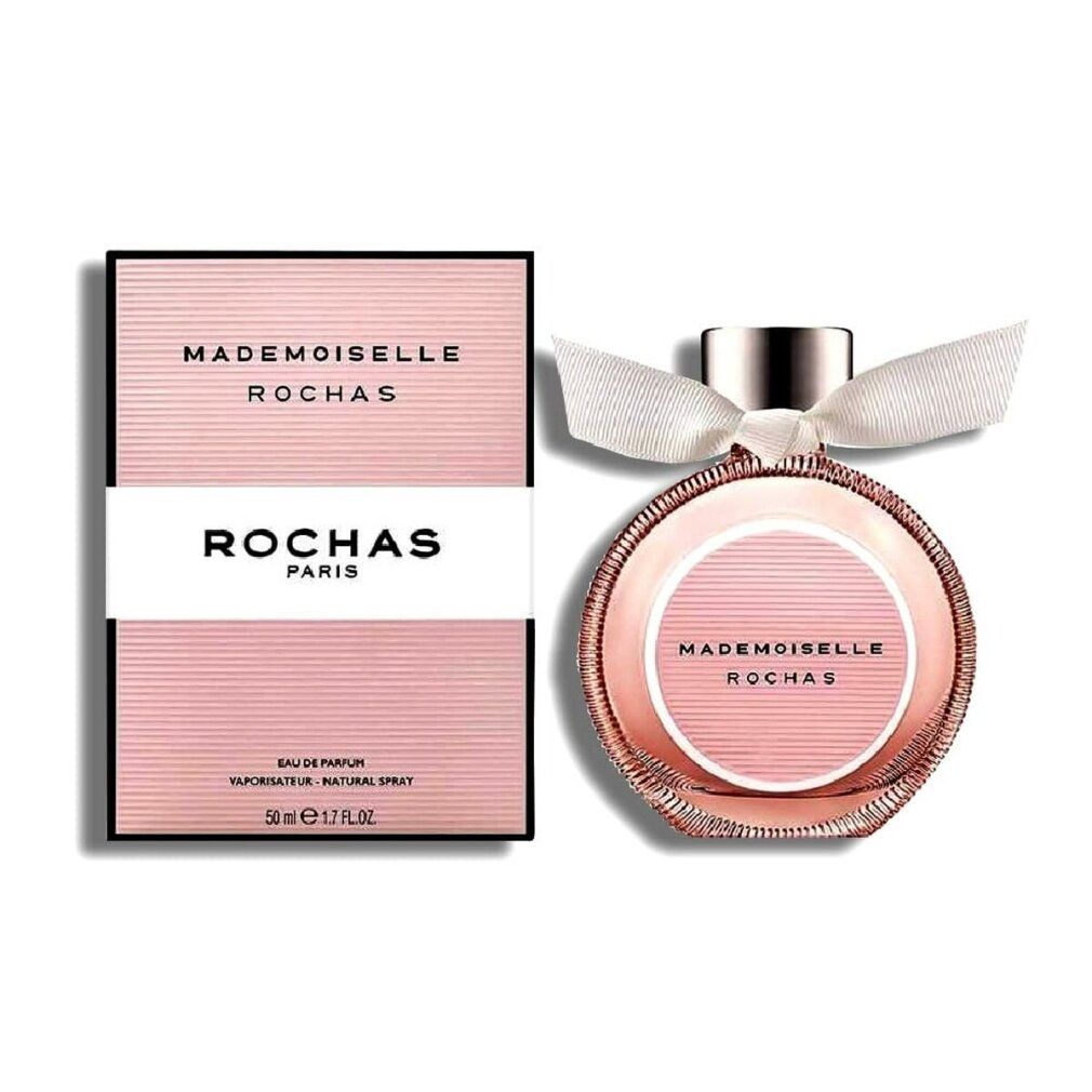 Rosa Schachtel und Flakon. Aufschrift: Mademoiselle Rochas, Rochas Paris, Eau de Parfum. Flakon mit Schleife.