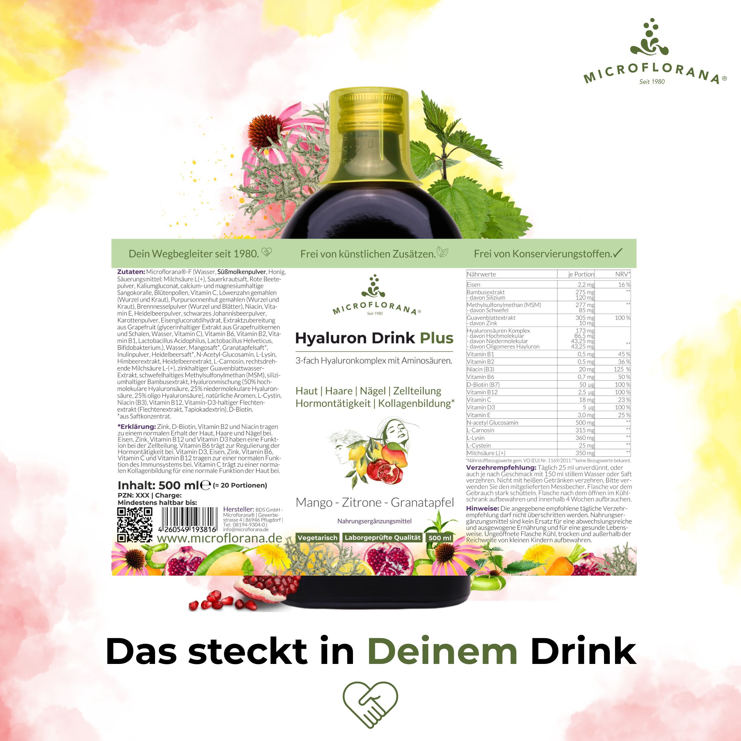 MICROFLORANA® Hyaluron Drink Plus Flasche und Zutaten. Text: Das steckt in Deinem Drink. Inhaltsstoffe.