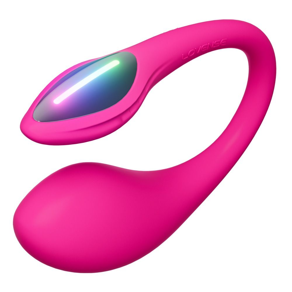 Rosa Vibrator mit farbigem Licht am oberen Ende. Geschwungene Form. Produktansicht von oben.