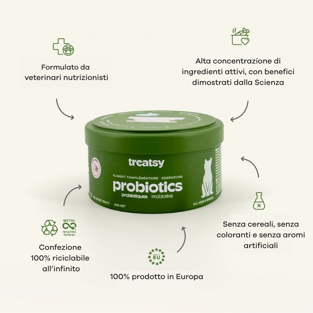 Grüne Dose mit „Treatsy Probiotics“. Text und Icons mit Vorteilen und Zertifizierungen.