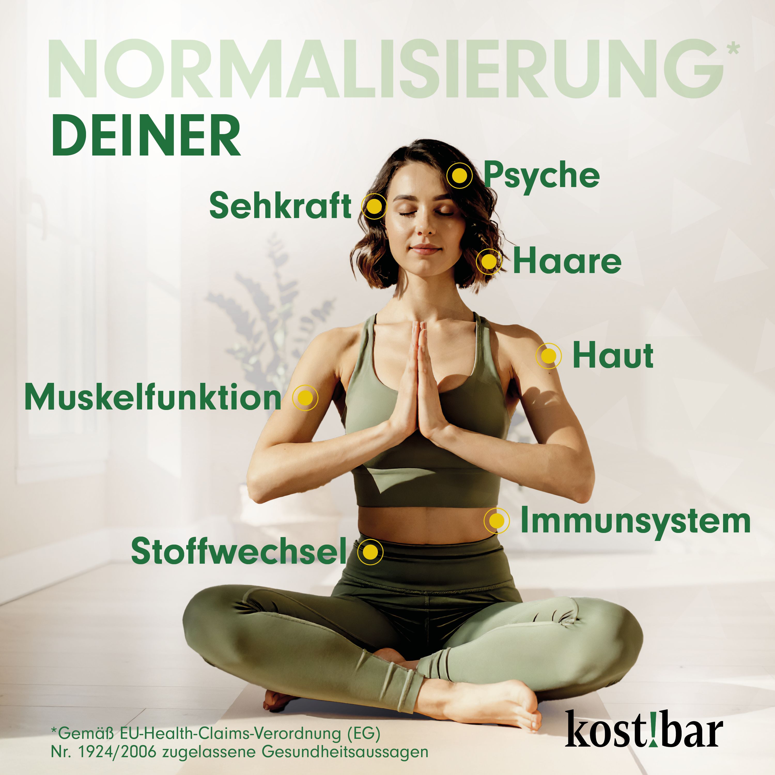 Frau in Yoga-Pose, Punkte auf Körper, Text: Normalisierung deiner, Muskel, Haut, Haare, Psyche, Immunsystem, Marke kost!bar.