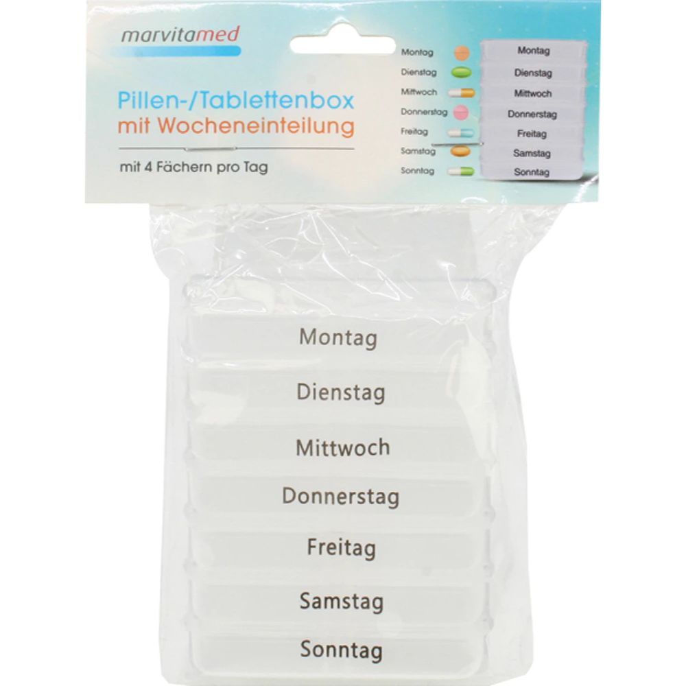 Transparente Pillenbox mit Wochenaufteilung. Beschriftung: Montag bis Sonntag. Marke: Marvita Med. Verpackt in Folie.