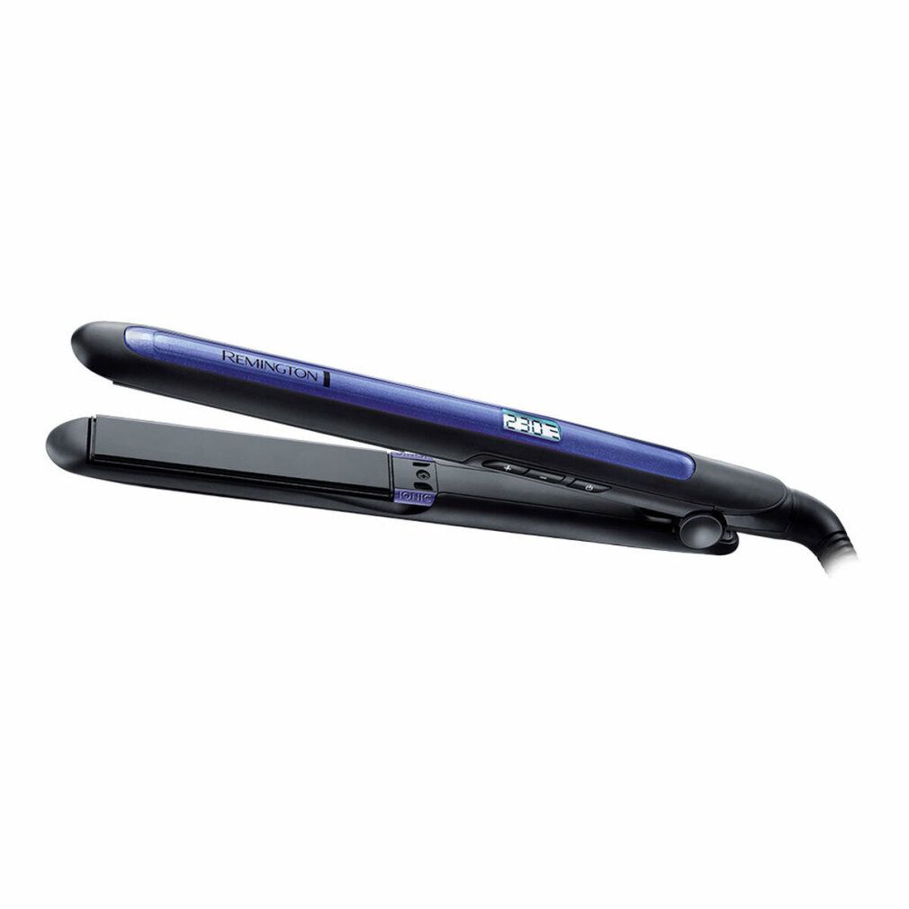 Schwarzes Glätteisen mit blauen Akzenten. Marke Remington. Digitalanzeige. Kabelanschluss.