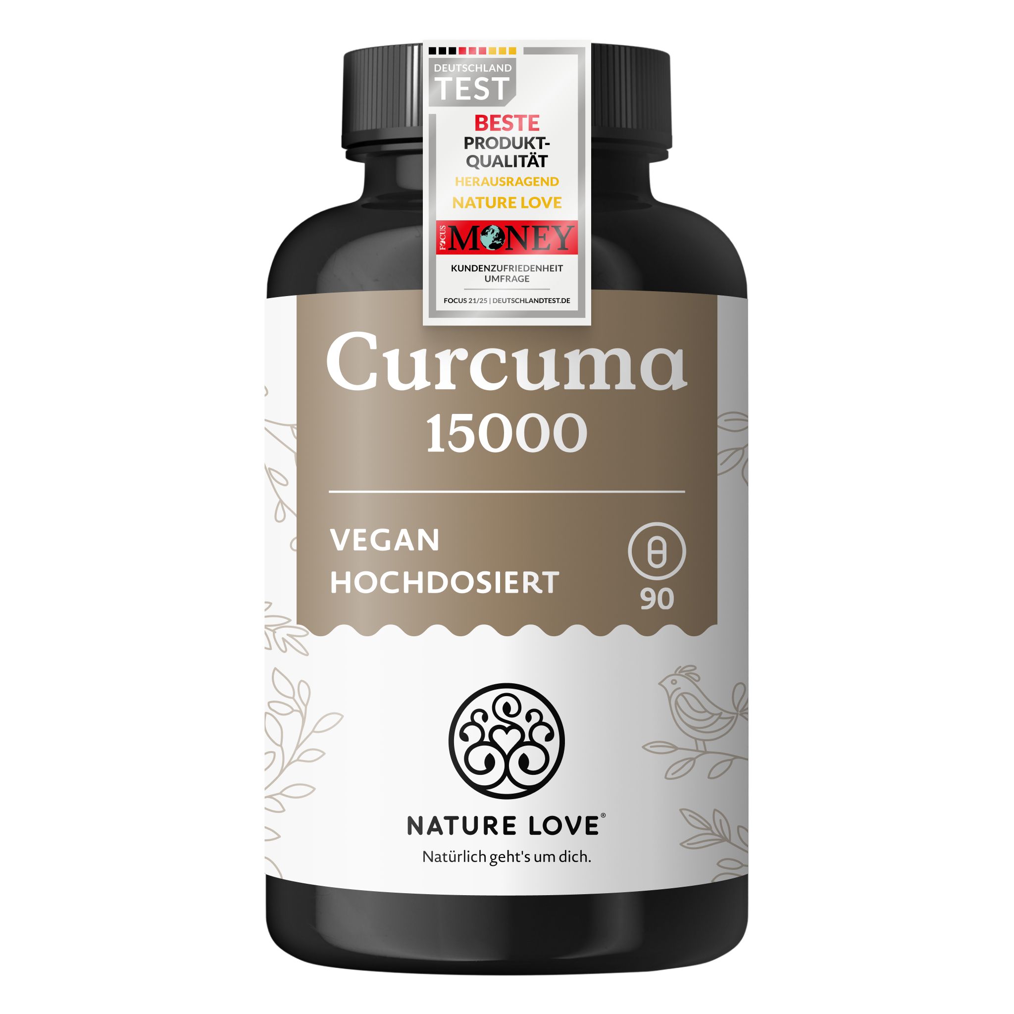 Flasche Curcuma 15000 mit Siegel 'Deutschland Test Beste Produkt-Qualität'.