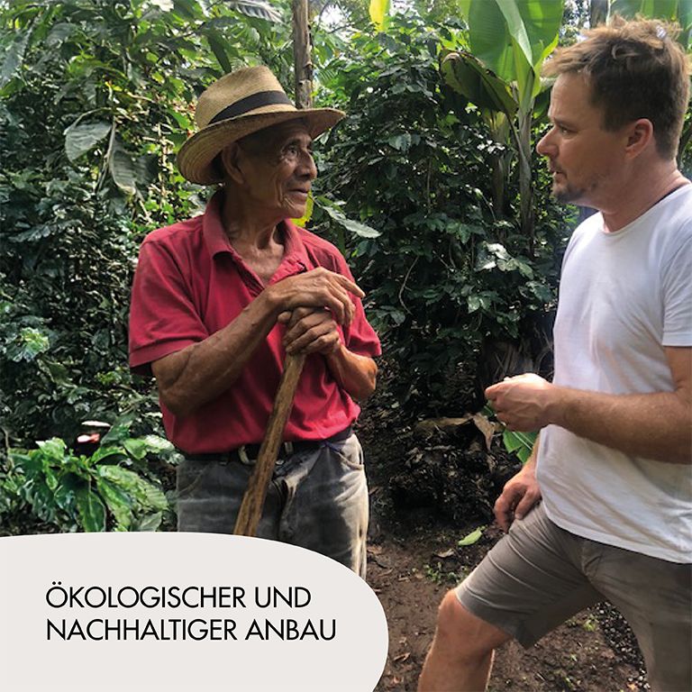 Zwei Männer in einem Feld. Text: Ökologischer und nachhaltiger Anbau.