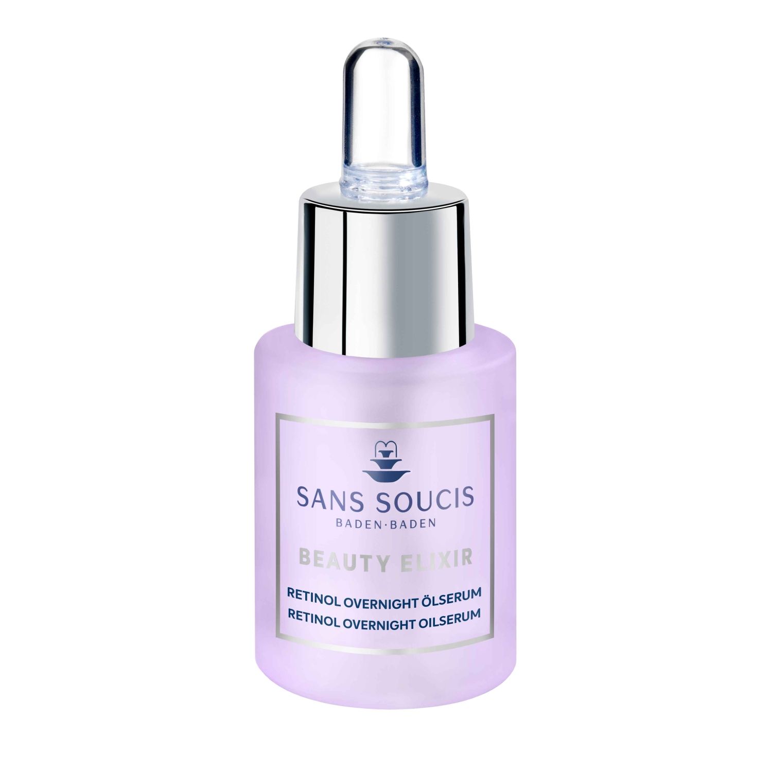 Flasche mit Pipette. Aufschrift: Sans Soucis, Beauty Elixir, Retinol Overnight Ölserum. Lila Glasflasche mit silbernem Verschluss.