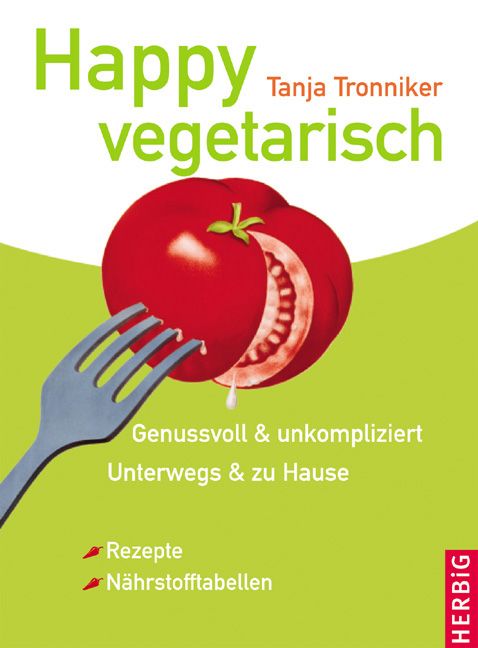 Buchcover mit Titel Happy vegetarisch. Abgebildet ist eine Tomate mit Gabel. Text: Genussvoll & unkompliziert, Rezepte, Nährstofftabellen.