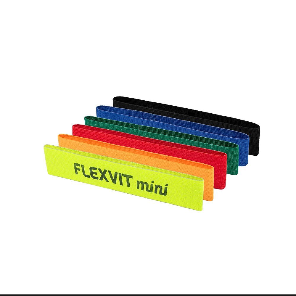 Sechs Bänder in verschiedenen Farben. Auf dem gelben Band steht "FLEXVIT mini".