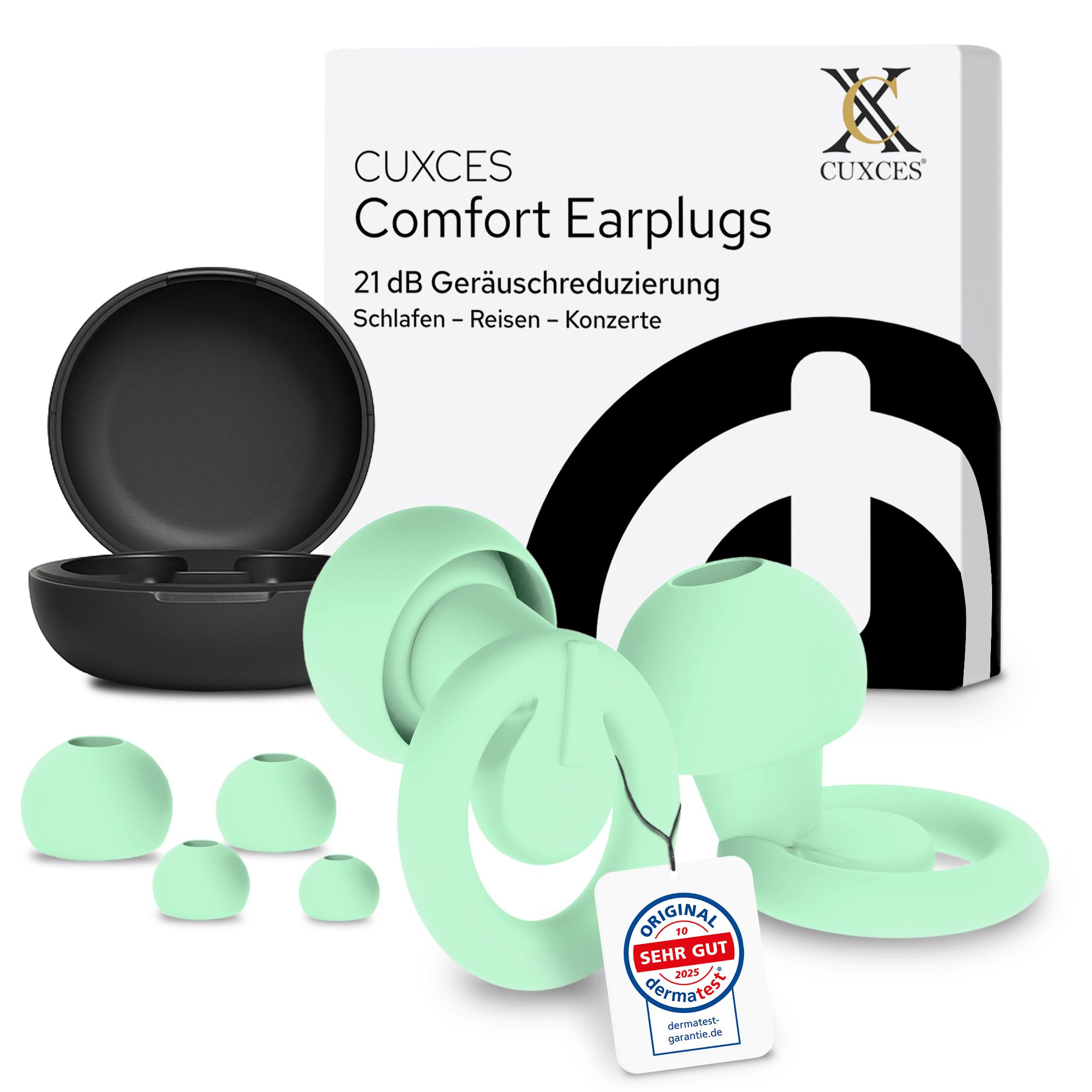 Produktverpackung mit Ohrstöpseln, Dose und Zubehör. Text: CUXCES Comfort Earplugs, 21 dB Geräuschreduzierung, Schlaf-Reisen-Konzerte.