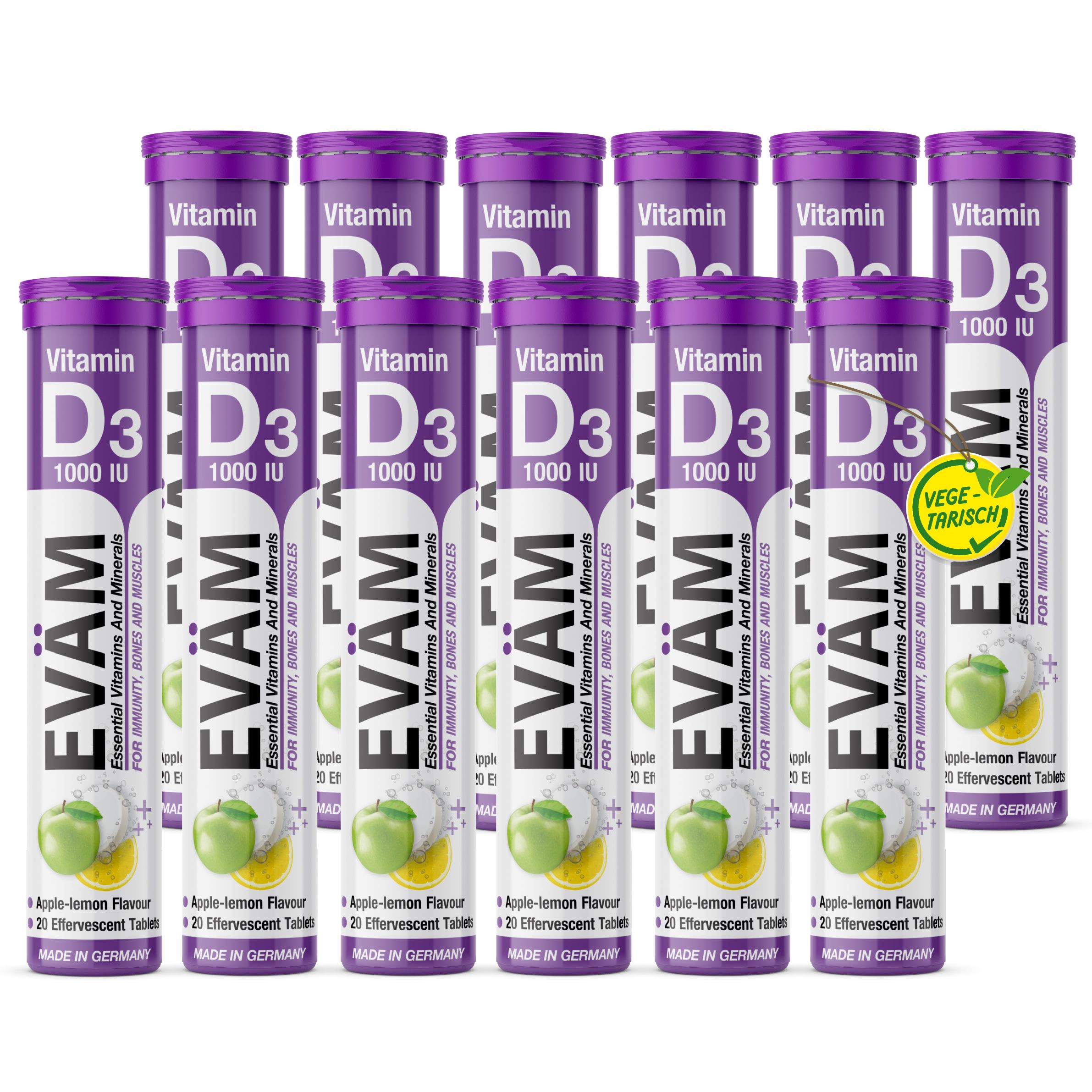 Mehrere Vitamin D3 Brausetabletten-Tuben. Text: EVÄM, Vitamin D3 1000 IU. 20 Brausetabletten. Made in Germany.