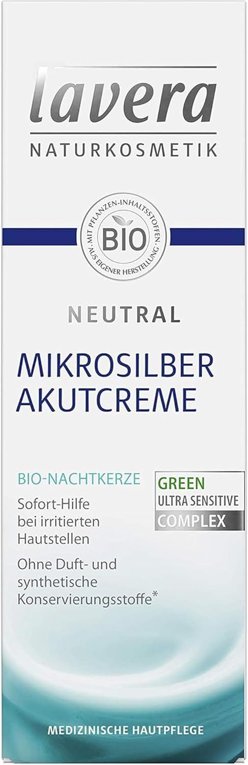 Weisse Tube mit Produktaufdruck. Text: lavera, Neutral, Mikrosilber Akutcreme. Bio-Siegel. Medizinische Hautpflege. Green Ultra Sensitive Complex.
