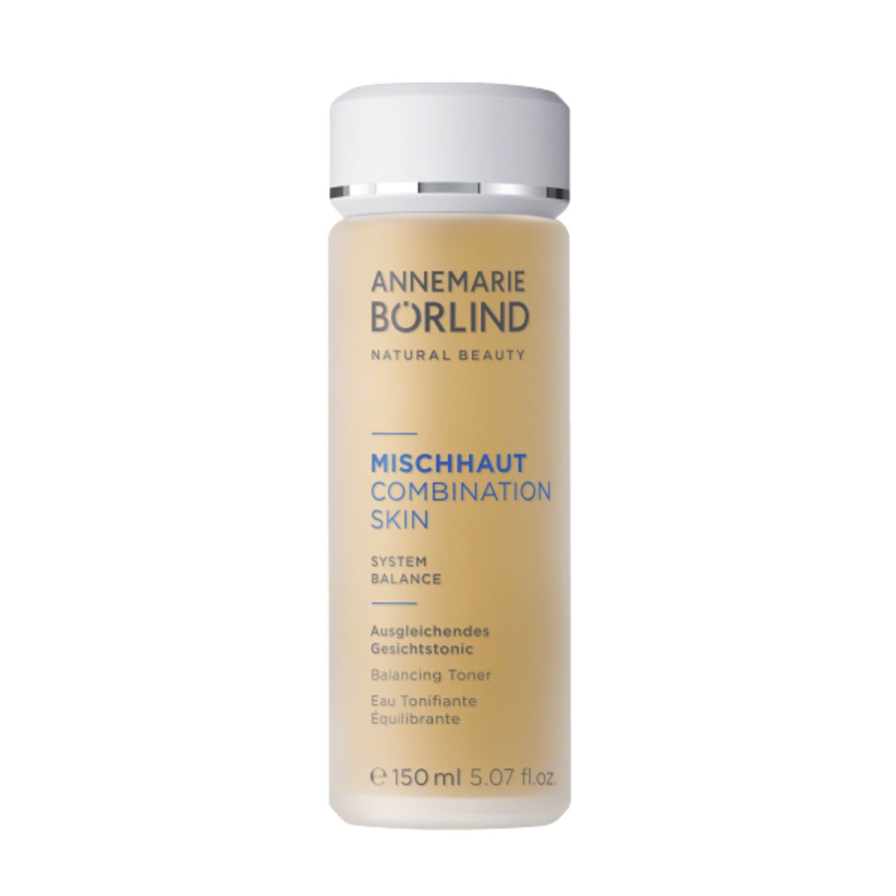 ANNEMARIE BÖRLIND Gesichtstonic-Flasche. Weißer Deckel, gelbliche Flüssigkeit. Aufschrift: MISCHHAUT, 150 ml.