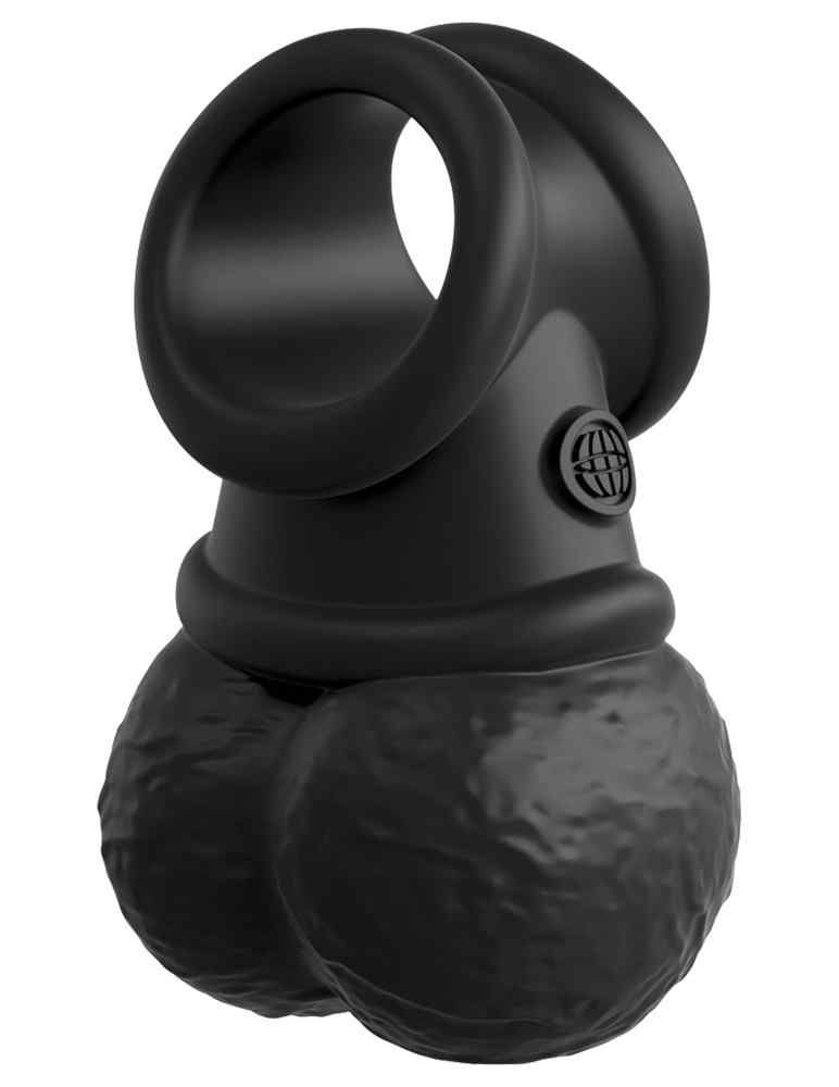 Schwarzes Wellness-Produkt mit Ring und zwei Kugeln. Logo auf der Seite. Aus Silikon.