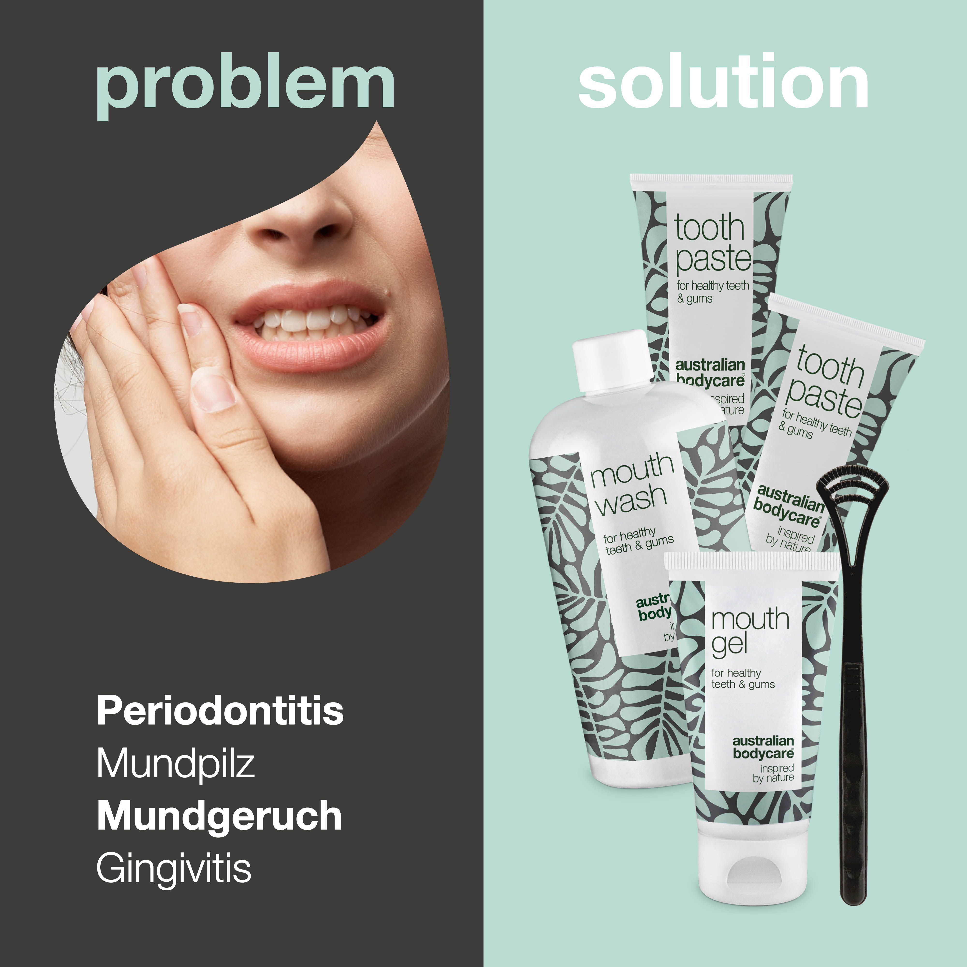 Bild zeigt ein Problem und eine Lösung. Problem: Zahnfleischentzündung. Lösung: Mundpflege-Set von Australian Bodycare.