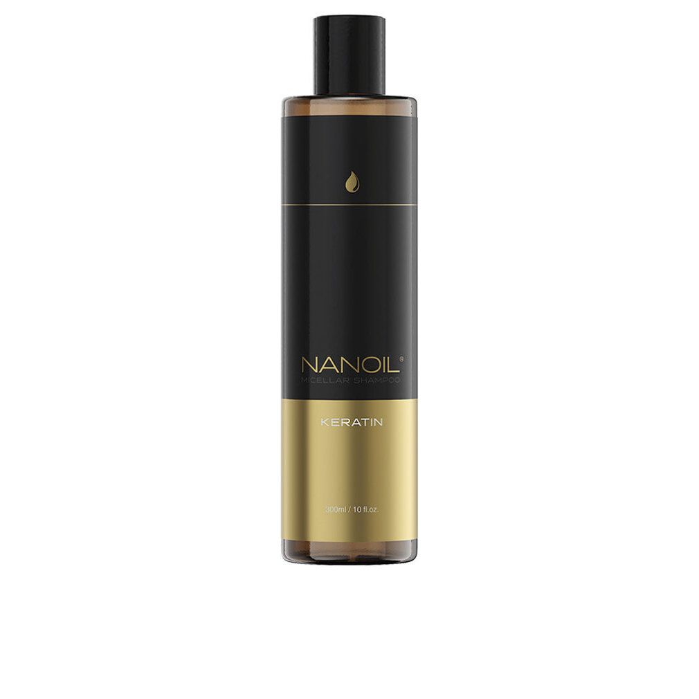 Schwarze Flasche mit goldener Basis. Aufschrift: NANOIL, Keratin Mizellen Shampoo.