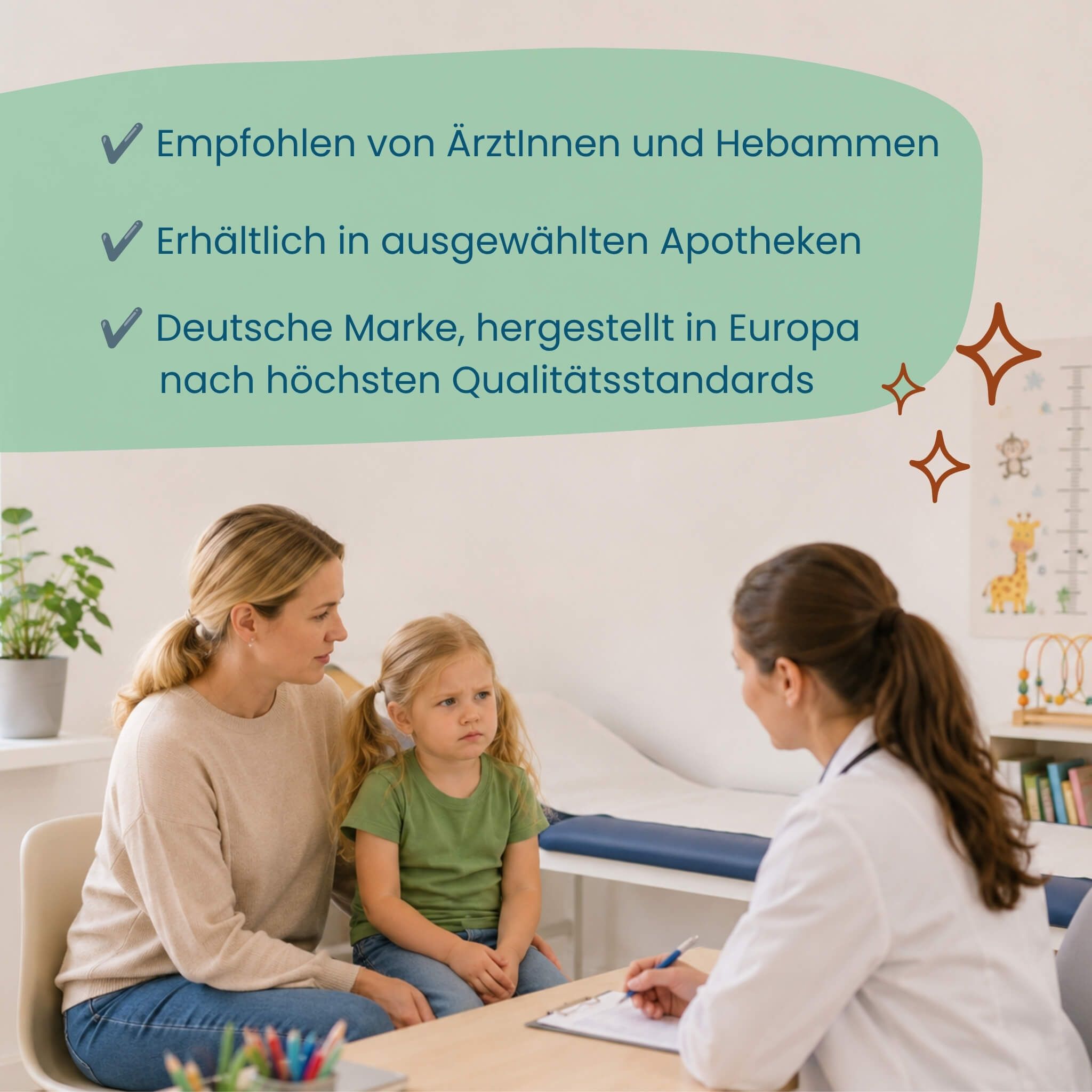 Arztgespräch mit Mutter und Kind über Herby Family Oh-La-Lax Sirup.