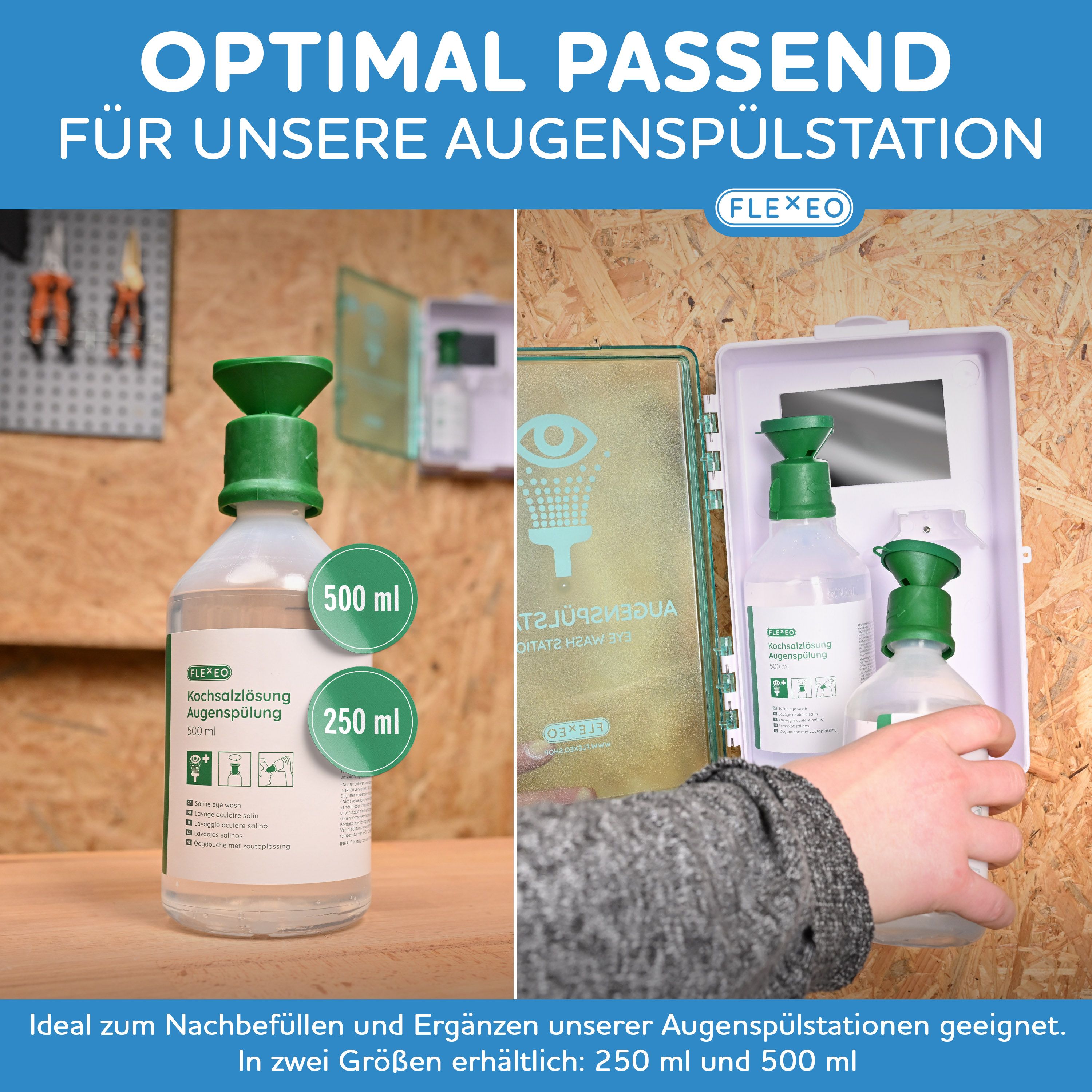 FLEXEO Augenspülflaschen in einer Augenspülstation. Zwei Größen: 250 ml und 500 ml. Grüne Aufsätze. Aufschrift: Kochsalzlösung.