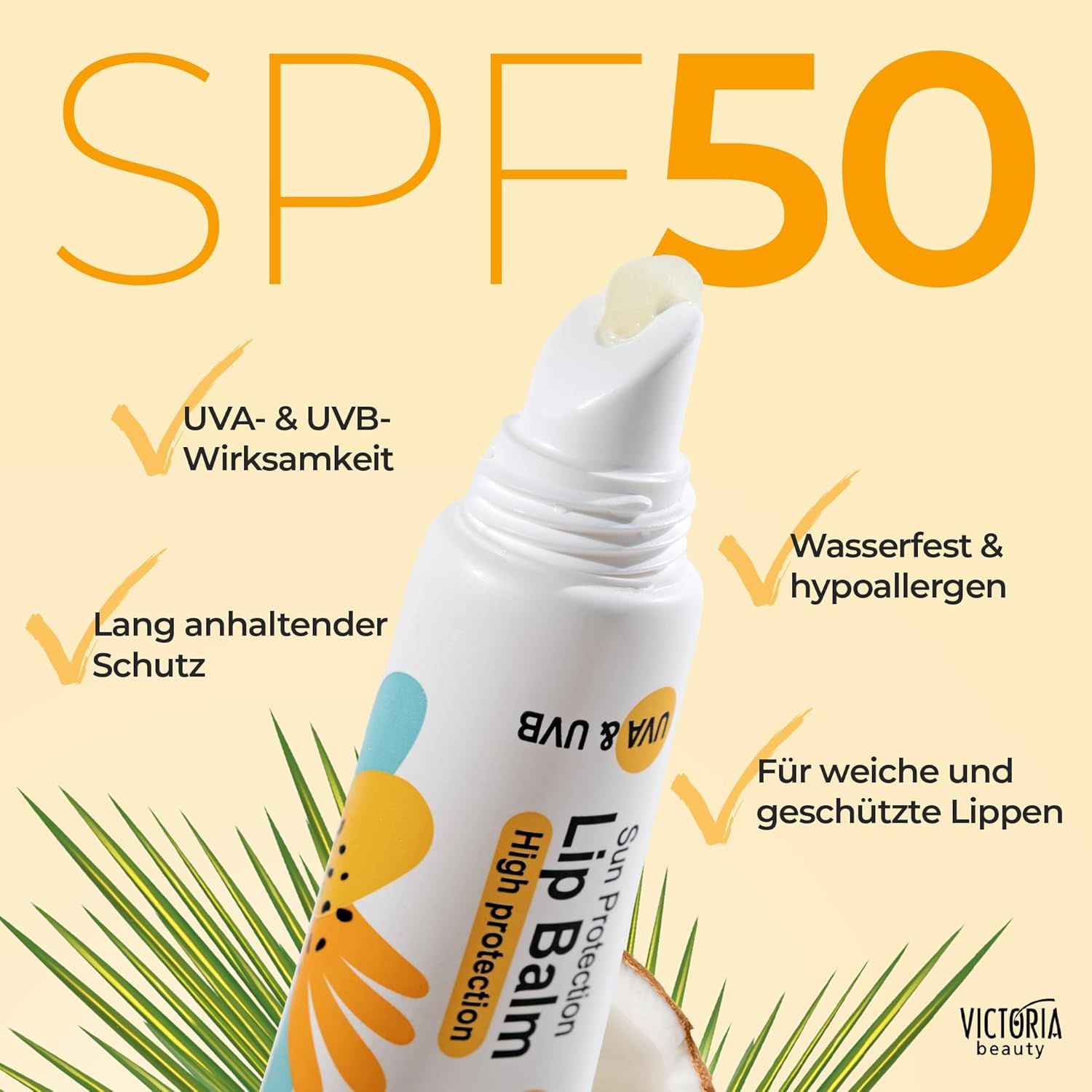 Victoria Beauty Lippenbalsam, Sonnenschutz LSF 50. Tube mit Produkt. Text: SPF 50. UVA & UVB Wirksamkeit, wasserfest, für weiche Lippen.