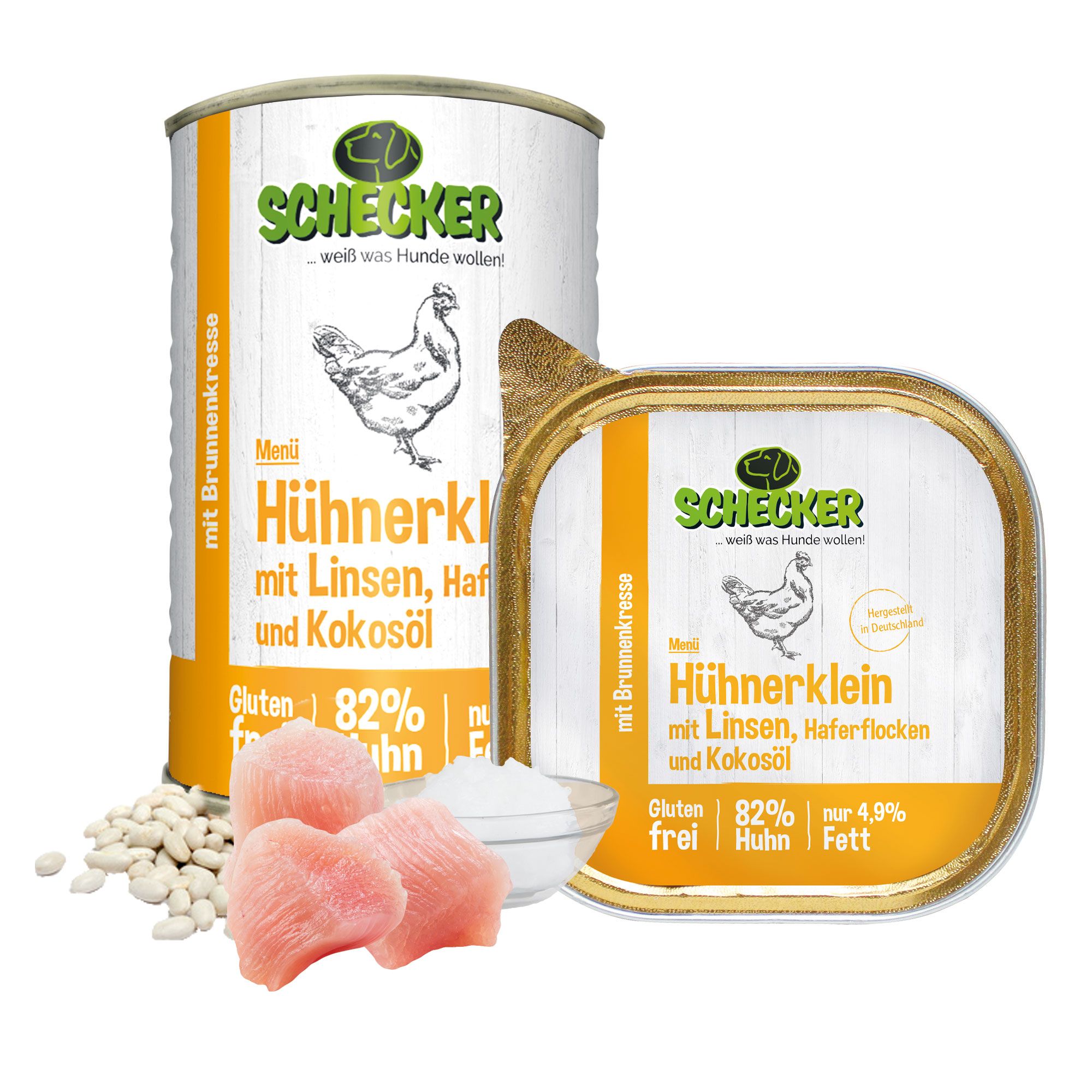 Schecker Nassfutter, Hühnerklein mit Linsen, Haferflocken und Kokosöl. Dose und Schale, Zutaten daneben. Text: Gluten frei, 82% Huhn, 4,9% Fett.
