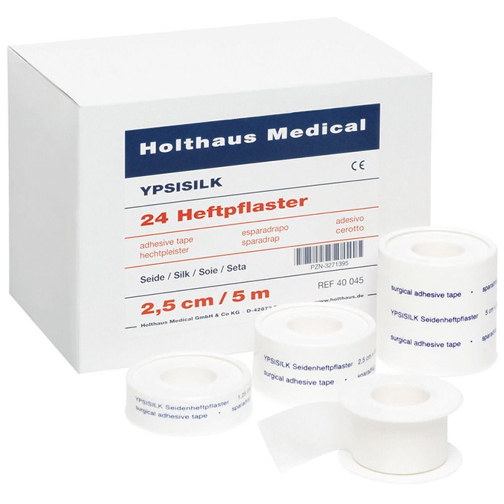 Weiße Holthaus Medical YPSISILK Heftpflaster-Rollen und Verpackung. Aufschrift: 2,5 cm/5 m, 24 Heftpflaster.