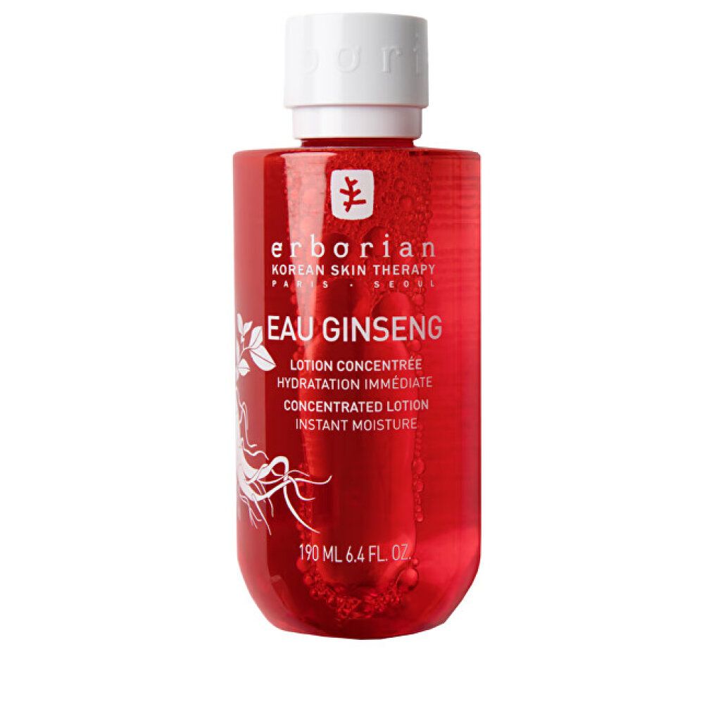 Rote Flasche Erborian Eau Ginseng Konzentrierte Lotion mit weißem Deckel. 190 ml.