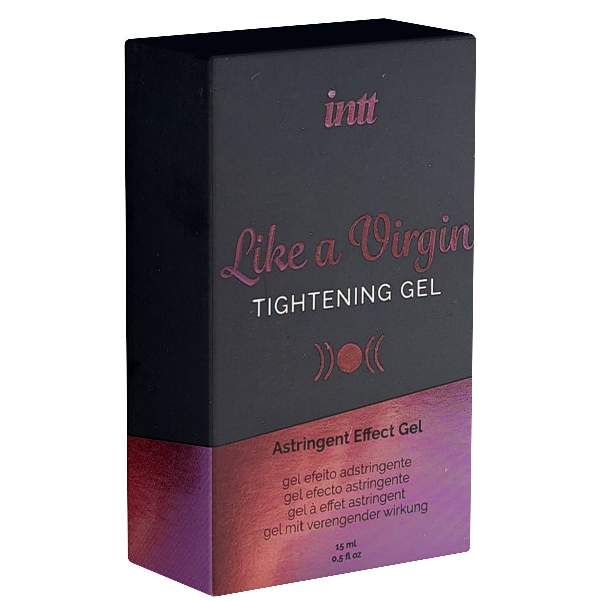 Schwarze Produktverpackung mit "intt"-Logo und "Like a Virgin Tightening Gel"-Schriftzug. Rosa Akzente. Text: Astringent Effect Gel.