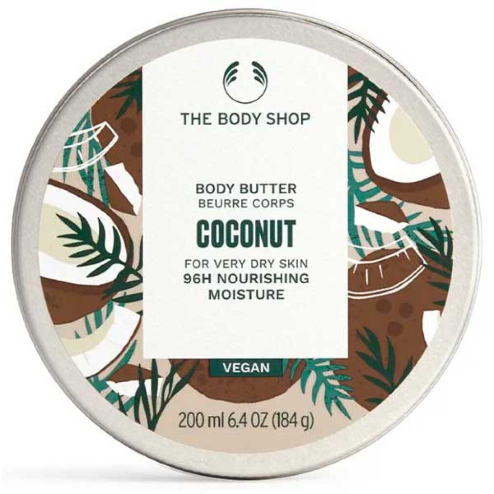 Runde Dose Body Butter, Kokosnuss-Design. Aufschrift: The Body Shop, Body Butter, Kokosnuss, für sehr trockene Haut, vegan. Inhalt: 200 ml.