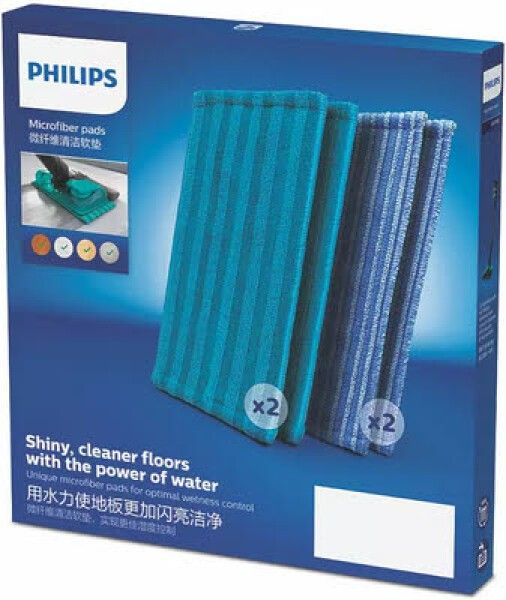 Philips Mikrofasertücher in Verpackung. Zwei blaue und zwei türkisfarbene Tücher. Text: "Shiny, cleaner floors with the power of water".