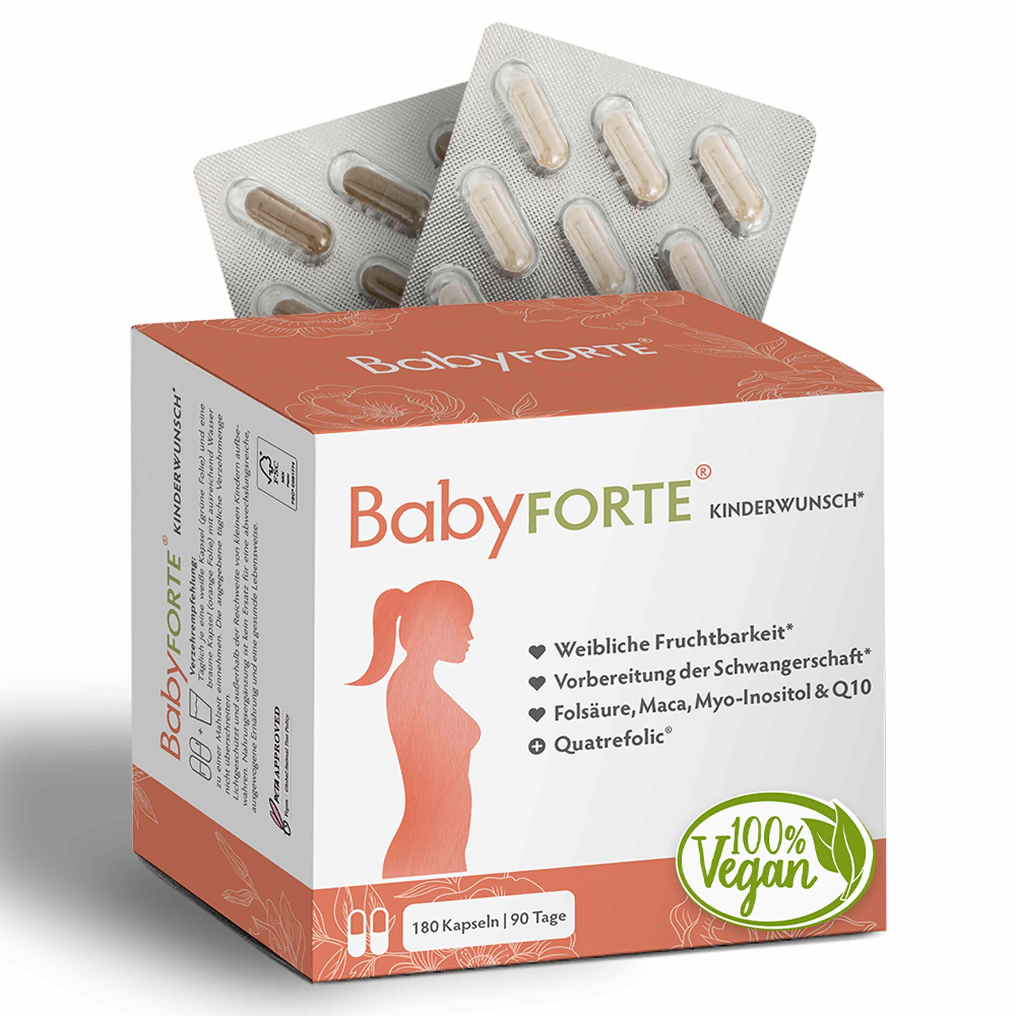 Produktverpackung BabyFORTE Kinderwunsch. Blisterpackung mit Kapseln. Text: 100% vegan, Inhaltsstoffe.