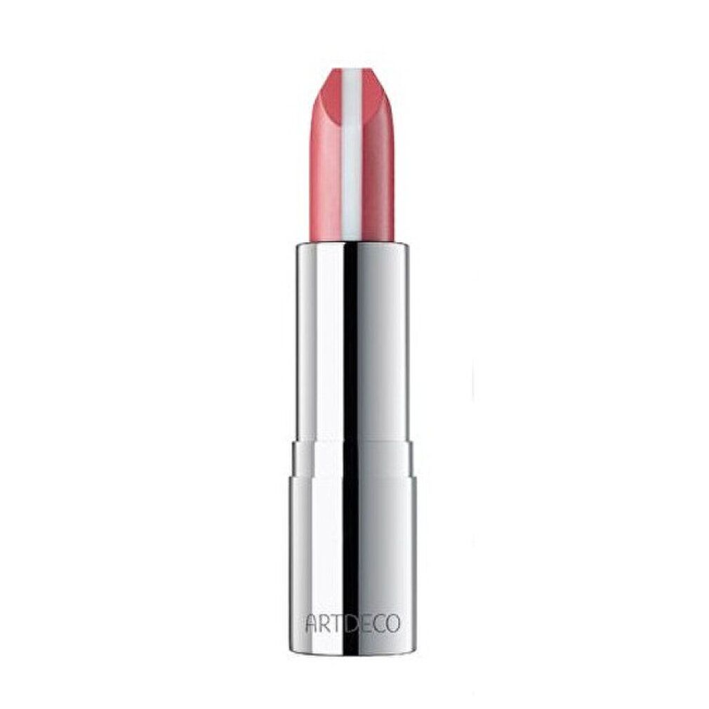 Lippenstift mit silberfarbener Hülse. Der Lippenstift hat eine rosa Farbe mit einem weißen Streifen in der Mitte. Auf der Hülse steht ARTDECO.