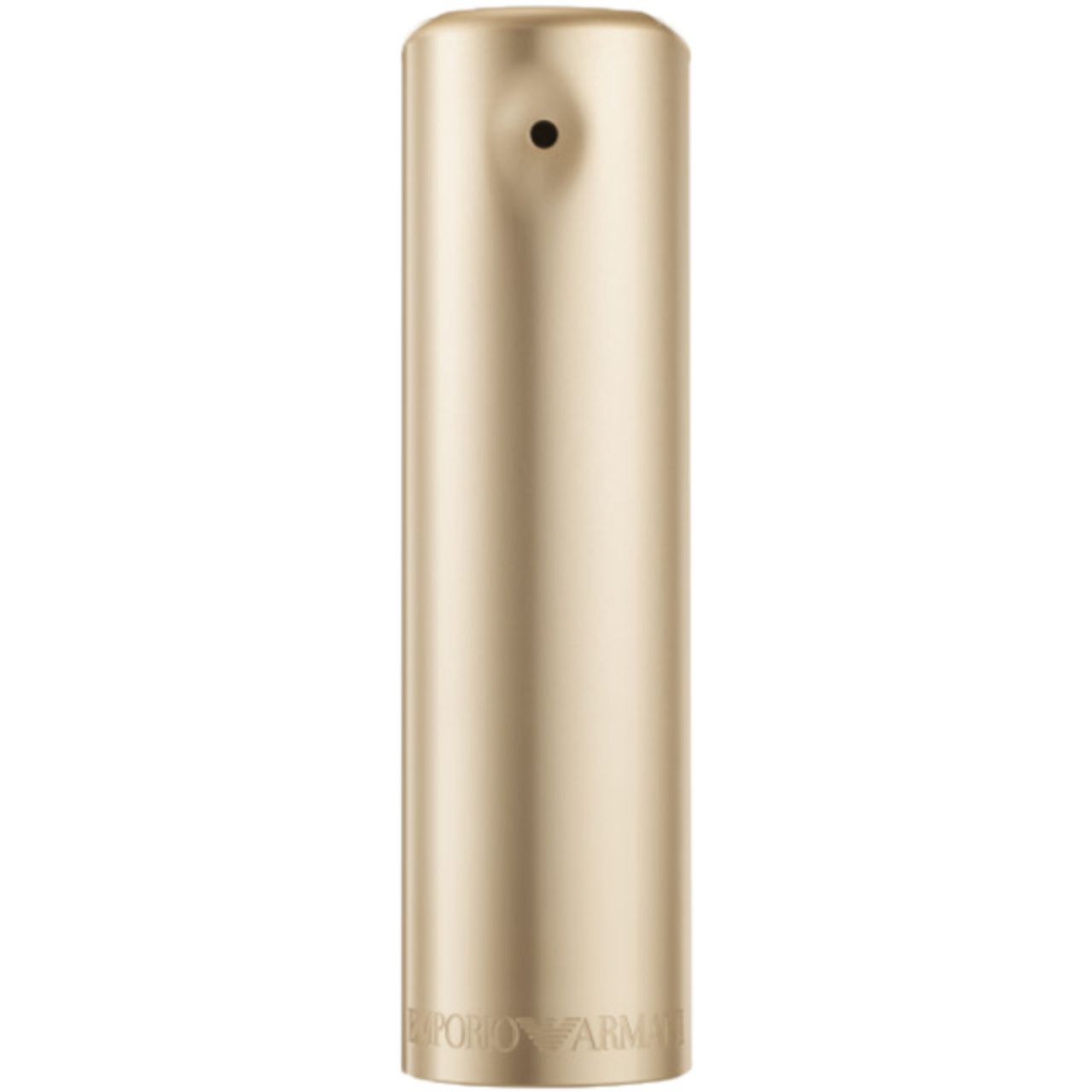 Goldfarbener Flakon. Emporio Armani-Logo am Boden. Zylindrische Form mit abgerundeter Kappe und Sprühöffnung.