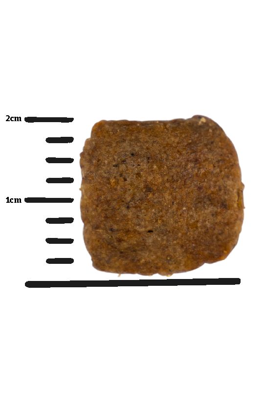 Hundefutterbrocken, braun, unregelmäßige Form. Größenvergleich mit 2cm-Skala.