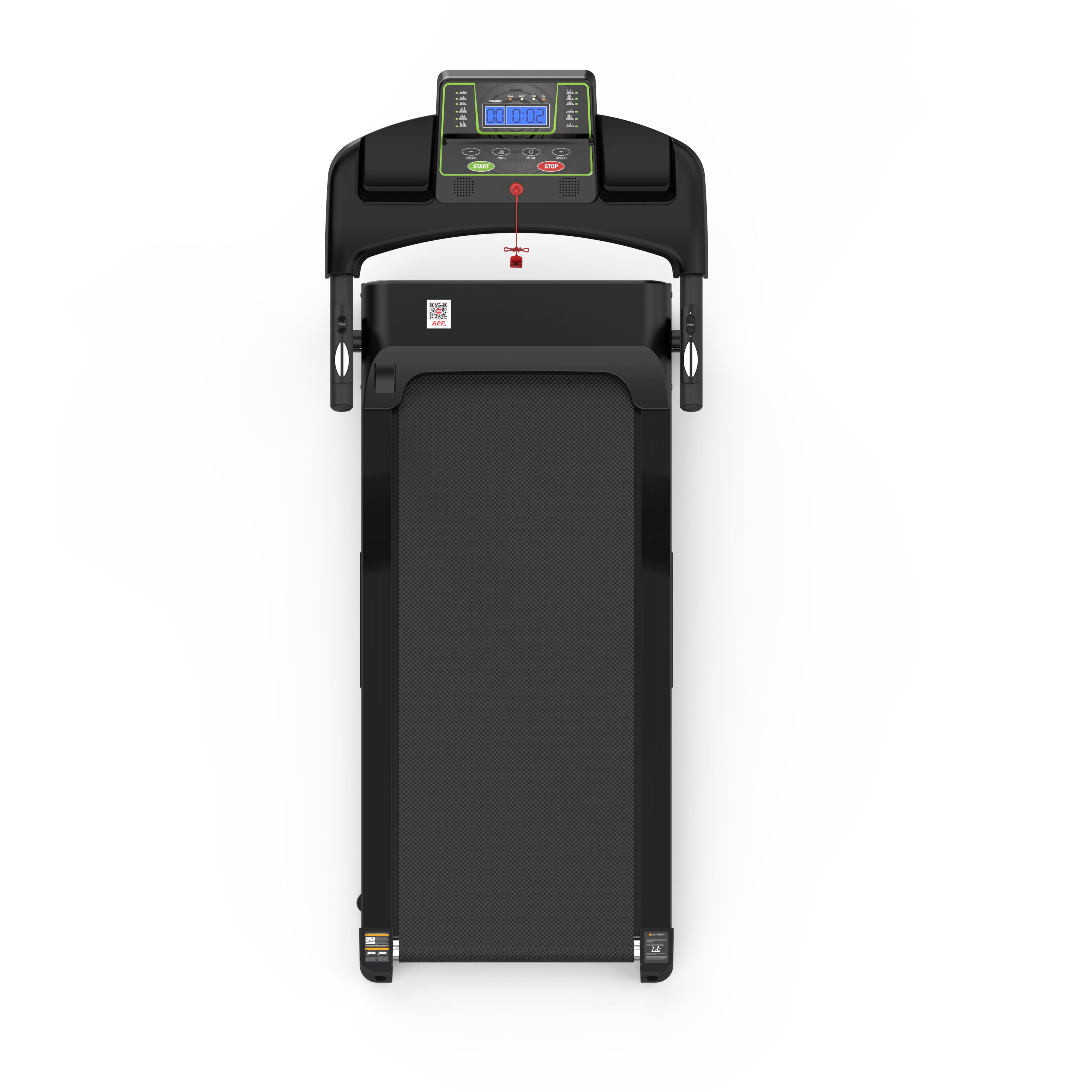 Draufsicht auf zusammengeklapptes Laufband. Konsole mit Display. Roter Sicherheitsclip.