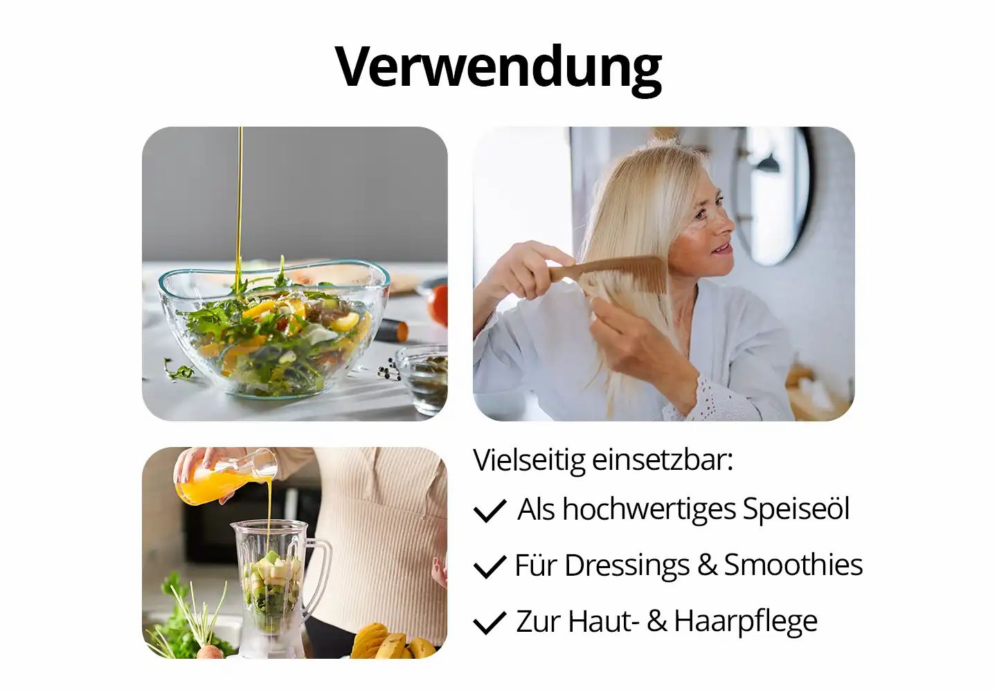 Vier Bilder zeigen die Verwendung von Weizenkeimöl: Salat, Haare kämmen, Smoothie, und in einen Mixer gießen.
