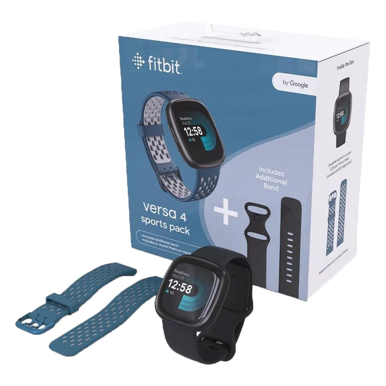 Fitbit Versa 4 Smartwatch und Zubehör in Verpackung. Zusätzliche Armbänder und Ladegerät.