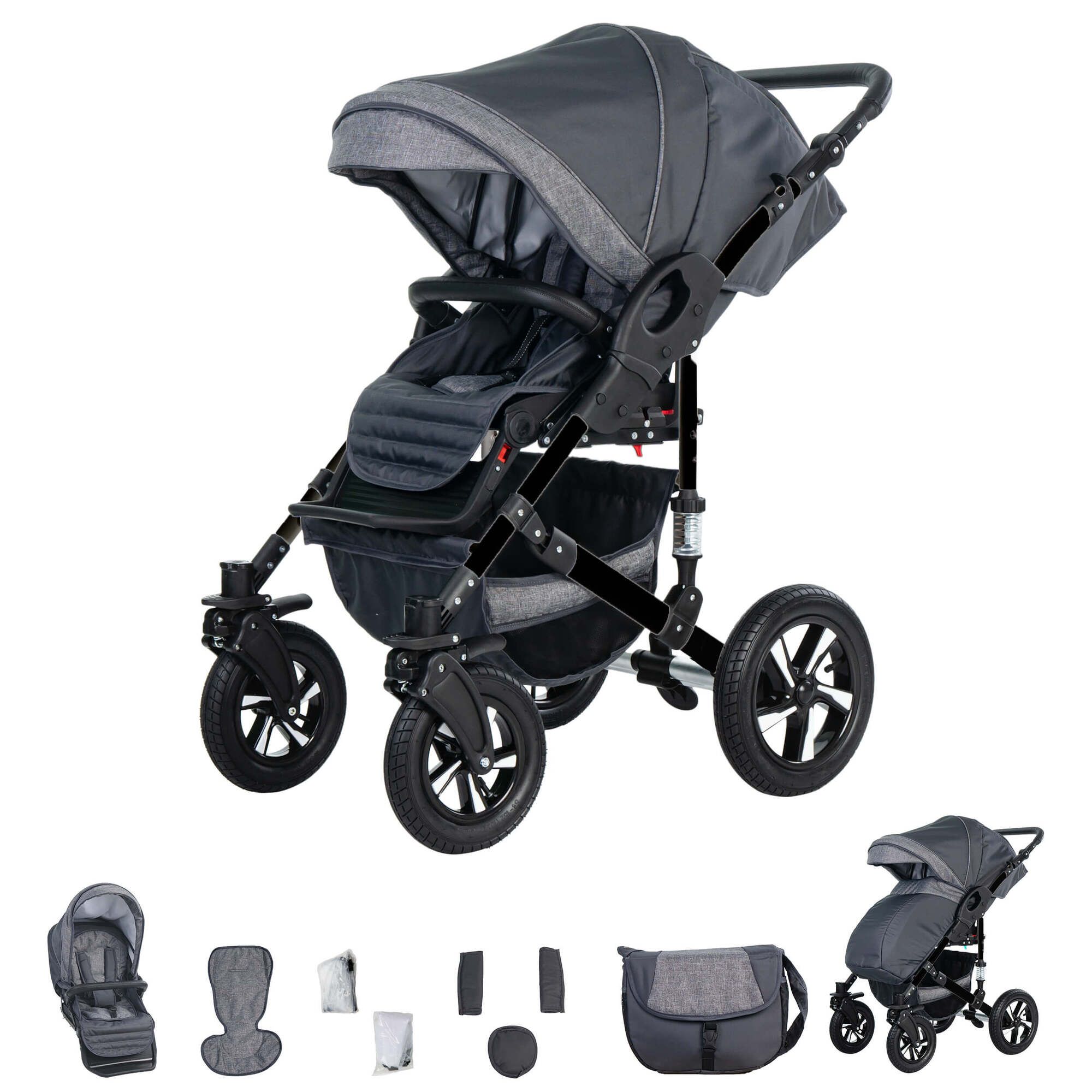 Friedrich Hugo Münster 3 in 1 Kinderwagen Set Luftreifen, Grey & Grey Linen