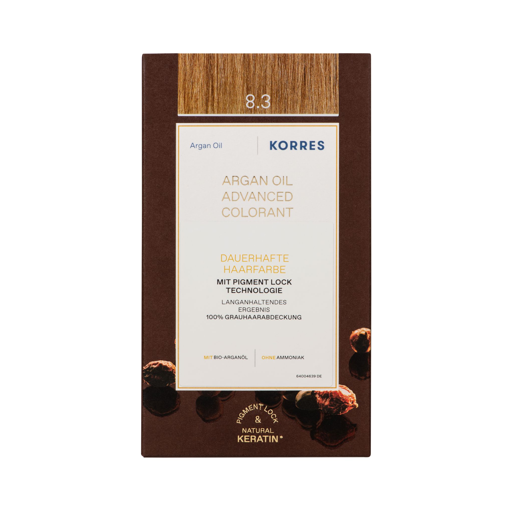 Karton KORRES Arganöl Haarfarbe. Honigblond 8.3. Produktname, Marke und Farbton deutlich sichtbar. Verpackung mit Produktabbildung.