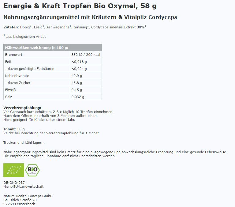Energie & Kraft Tropfen in Bioqualität von Nature Health