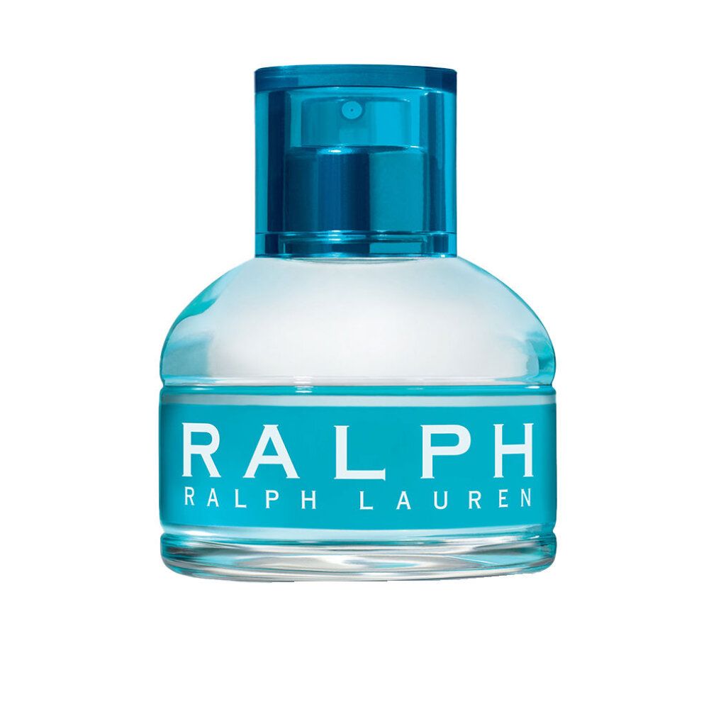 Runder, klarer Flakon mit blauem Sprühkopf. Auf dem Flakon steht weiß "RALPH". Der Flakon hat eine türkisfarbene Flüssigkeit.
