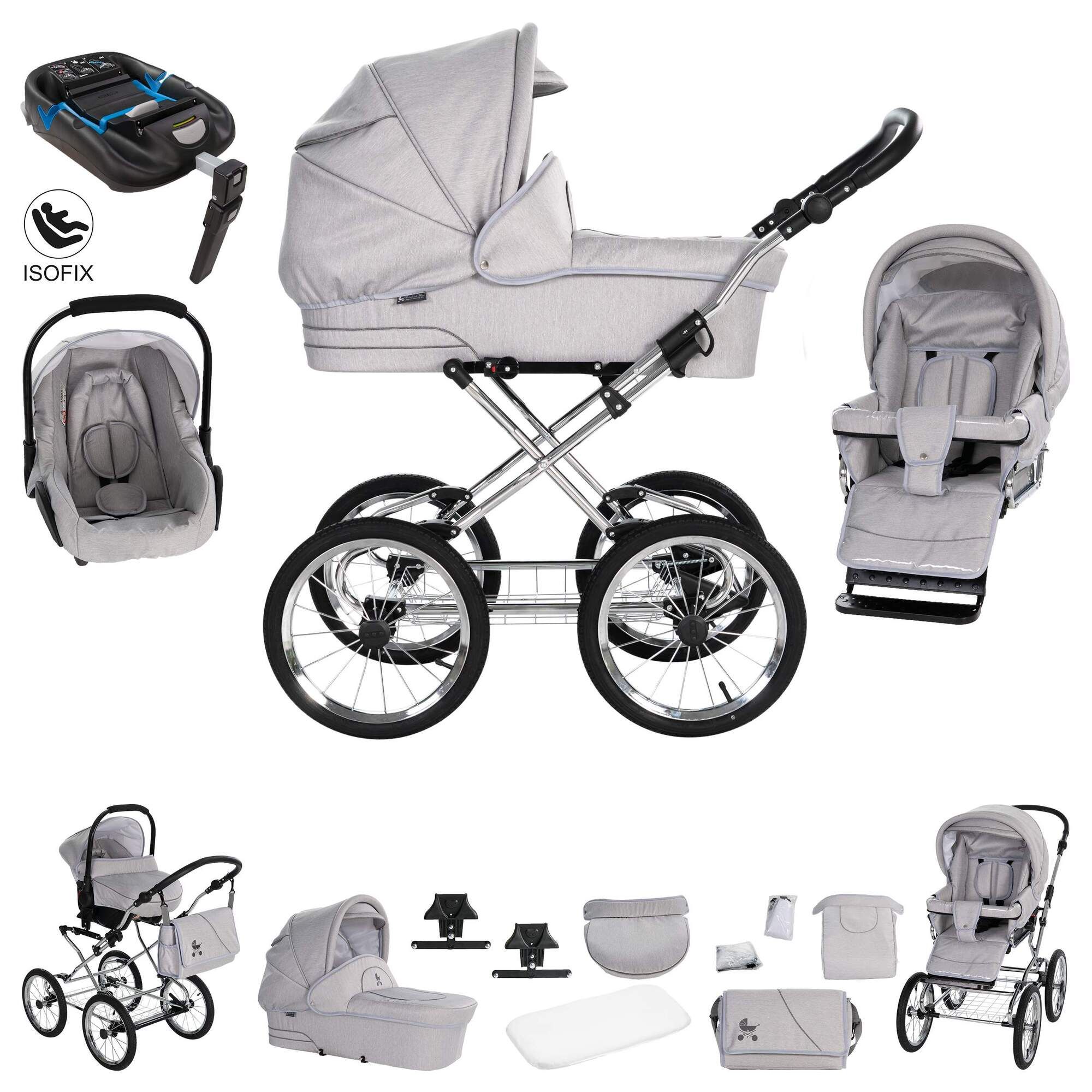 Friedrich Hugo München 4 in 1 Kinderwagen ISOFIX Set, Silbergrau Chrom Schwarz