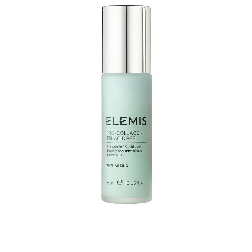 Flasche mit silbernem Deckel. Aufschrift: Elemis Pro-Collagen Tri-Acid Peel. Anti-Aging-Produkt.