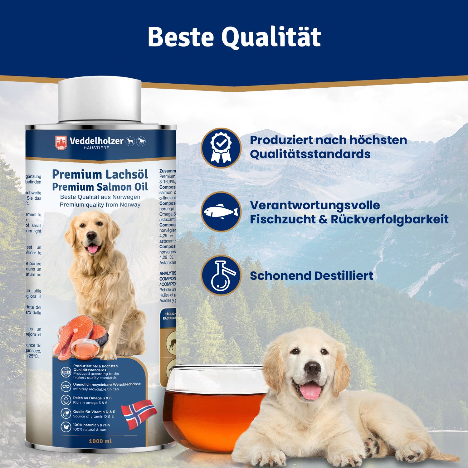 Dose mit Aufschrift Premium Lachsöl. Ein Hund und ein Glas Öl. Text: Produziert nach höchsten Qualitätsstandards. Schonend destilliert.