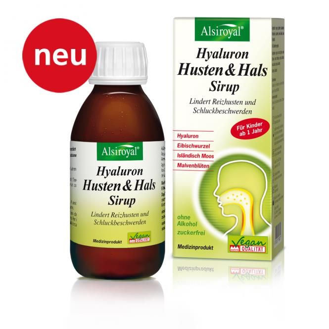 Braune Flasche und Schachtel. Aufschrift: Alsiroyal Hyaluron Husten & Hals Sirup. Vegan-Qualität. Für Kinder ab 1 Jahr.