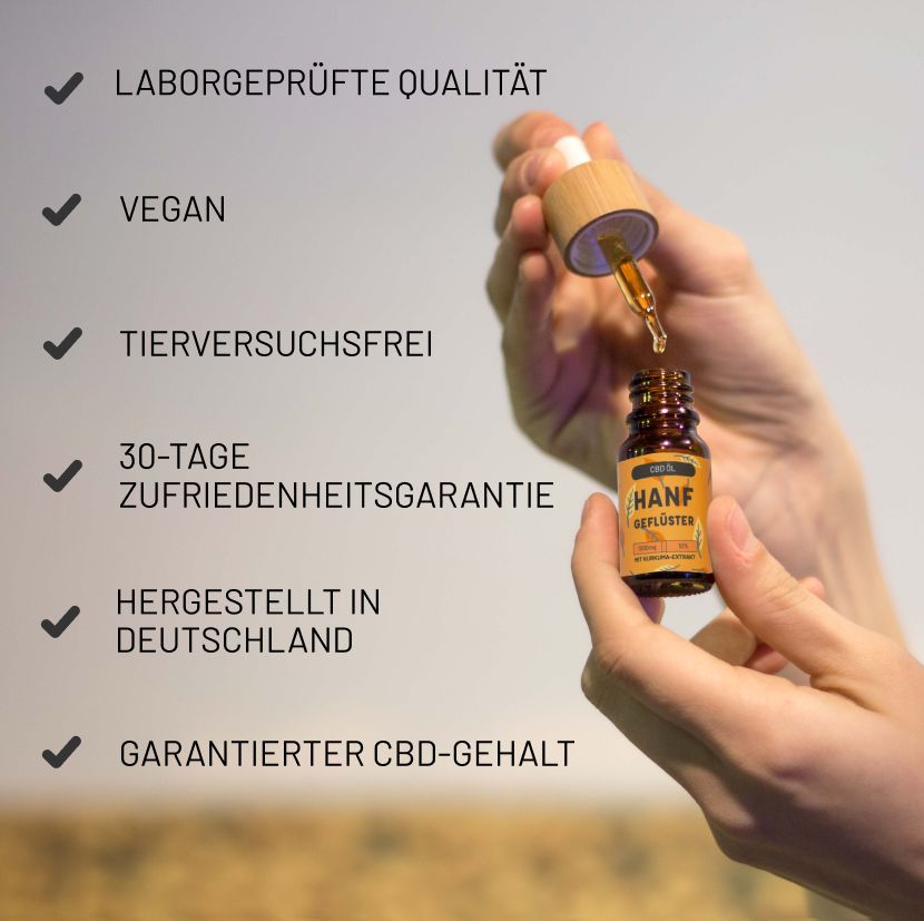 Hände halten eine Flasche mit Tropfer. Text: Laborgeprüfte Qualität, Vegan, Tierversuchsfrei, 30-Tage-Garantie, hergestellt in Deutschland.