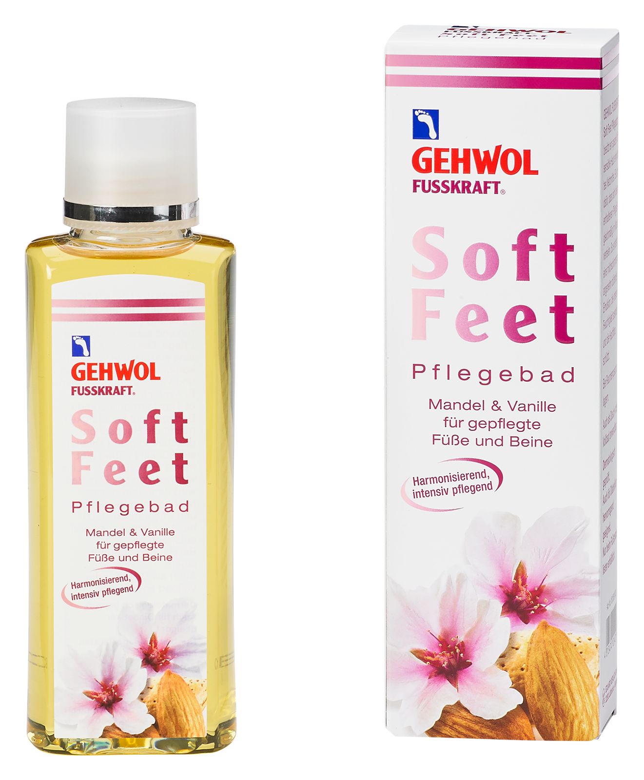 GEHWOL FUSSKRAFT Soft Feet Pflegebad. Flasche und Verpackung. Text: Soft Feet, Pflegebad, Mandel & Vanille.