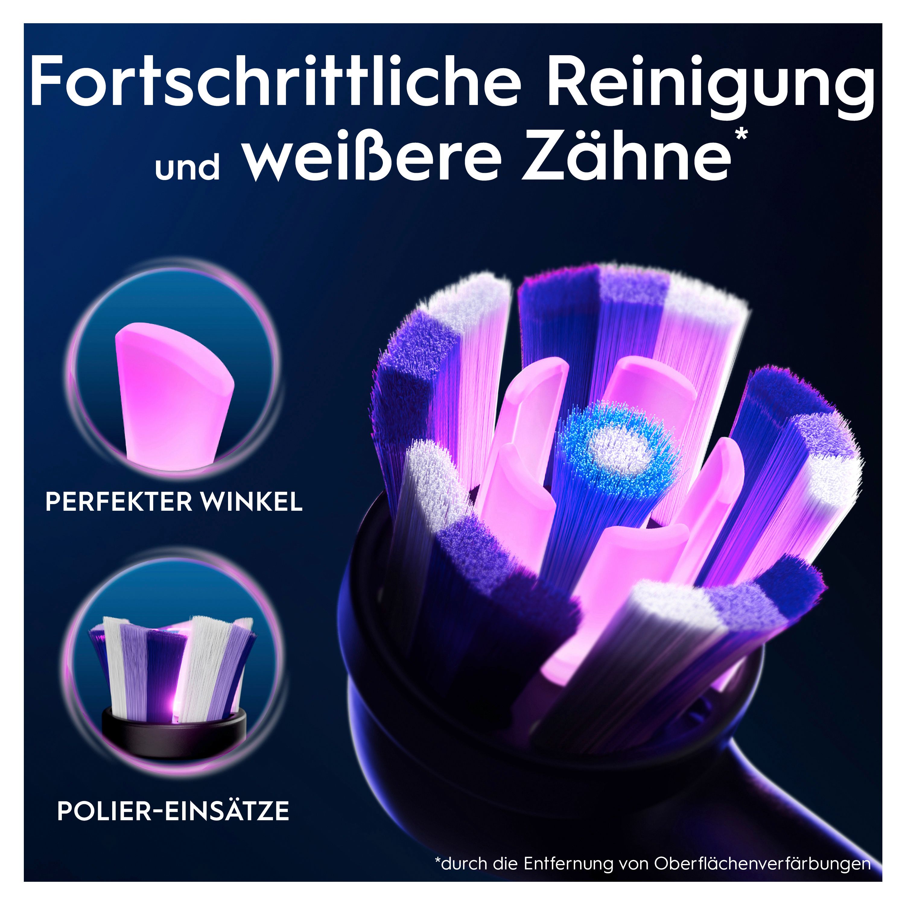 Elektrischer Zahnbürstenkopf mit blauen, weißen und violetten Borsten. Zeigt Poliereinsätze und perfekten Winkel.