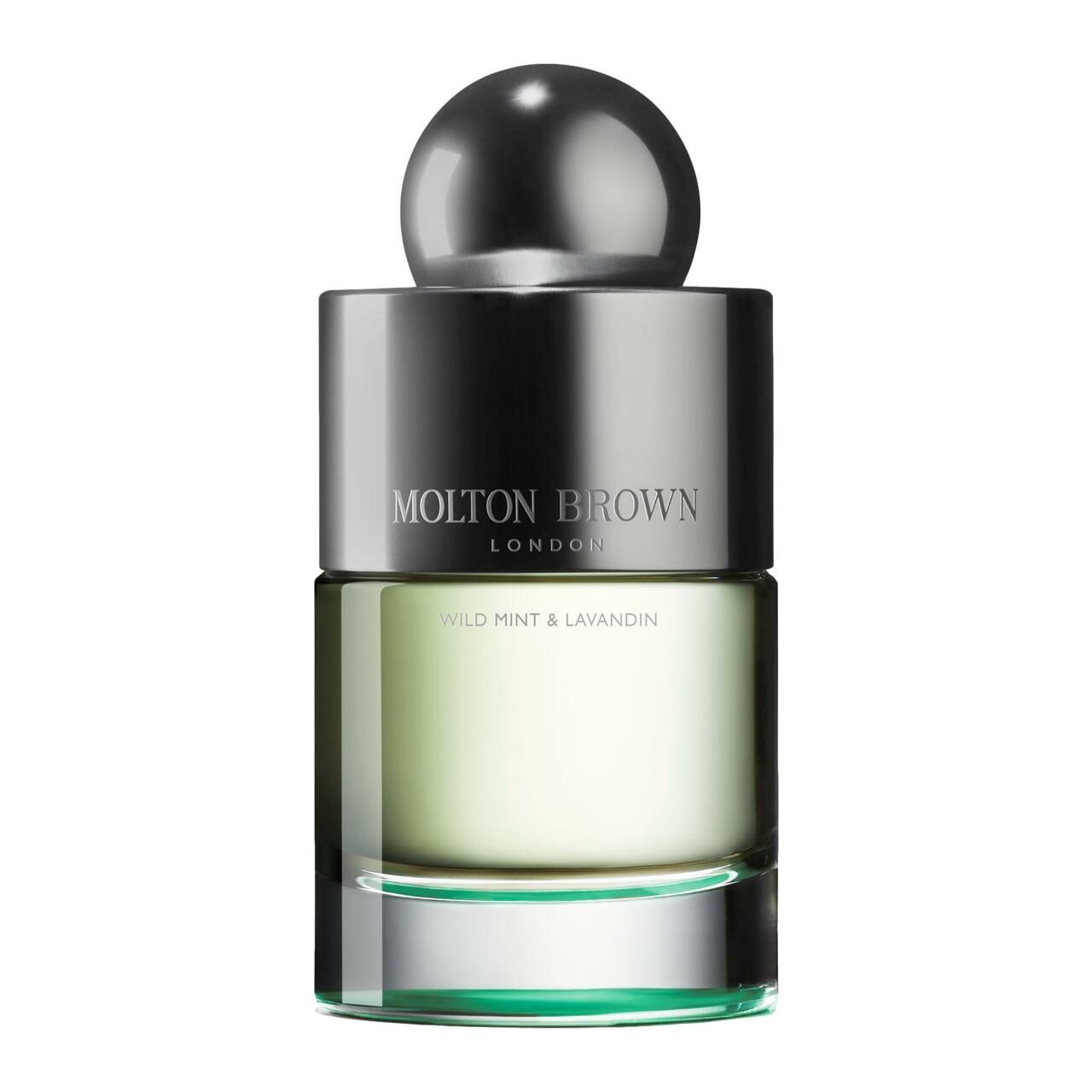 Grünes Glasparfüm mit silbernem Deckel. Aufschrift: Molton Brown London, Wild Mint & Lavandin.