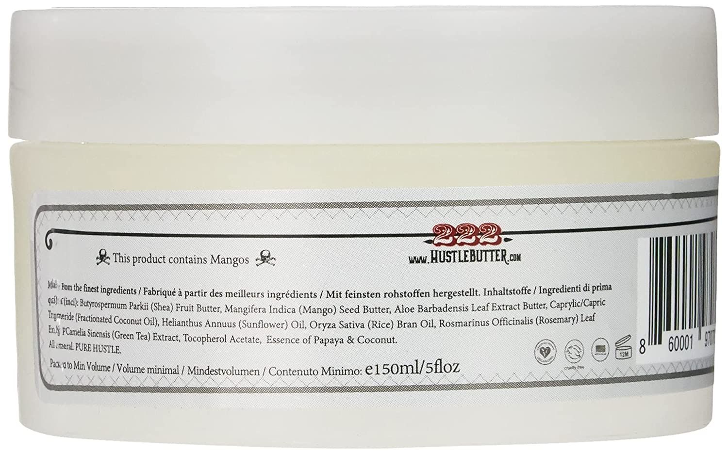 Tiegelrückseite mit Zutatenliste und Text. Enthält Mango. Volumen: 150ml/5floz.