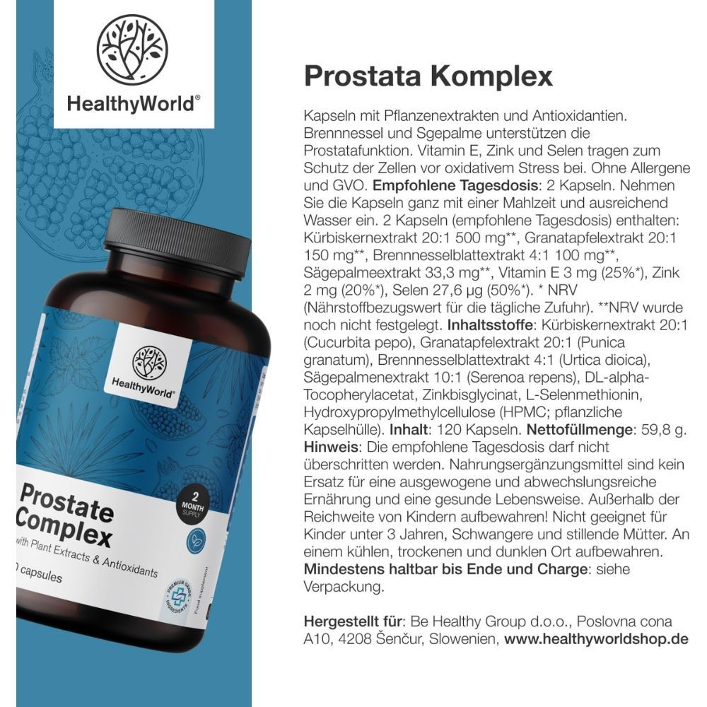 Braune Flasche mit Kapseln. Aufschrift: Prostate Complex, 120 Kapseln. Marke: HealthyWorld. Text.