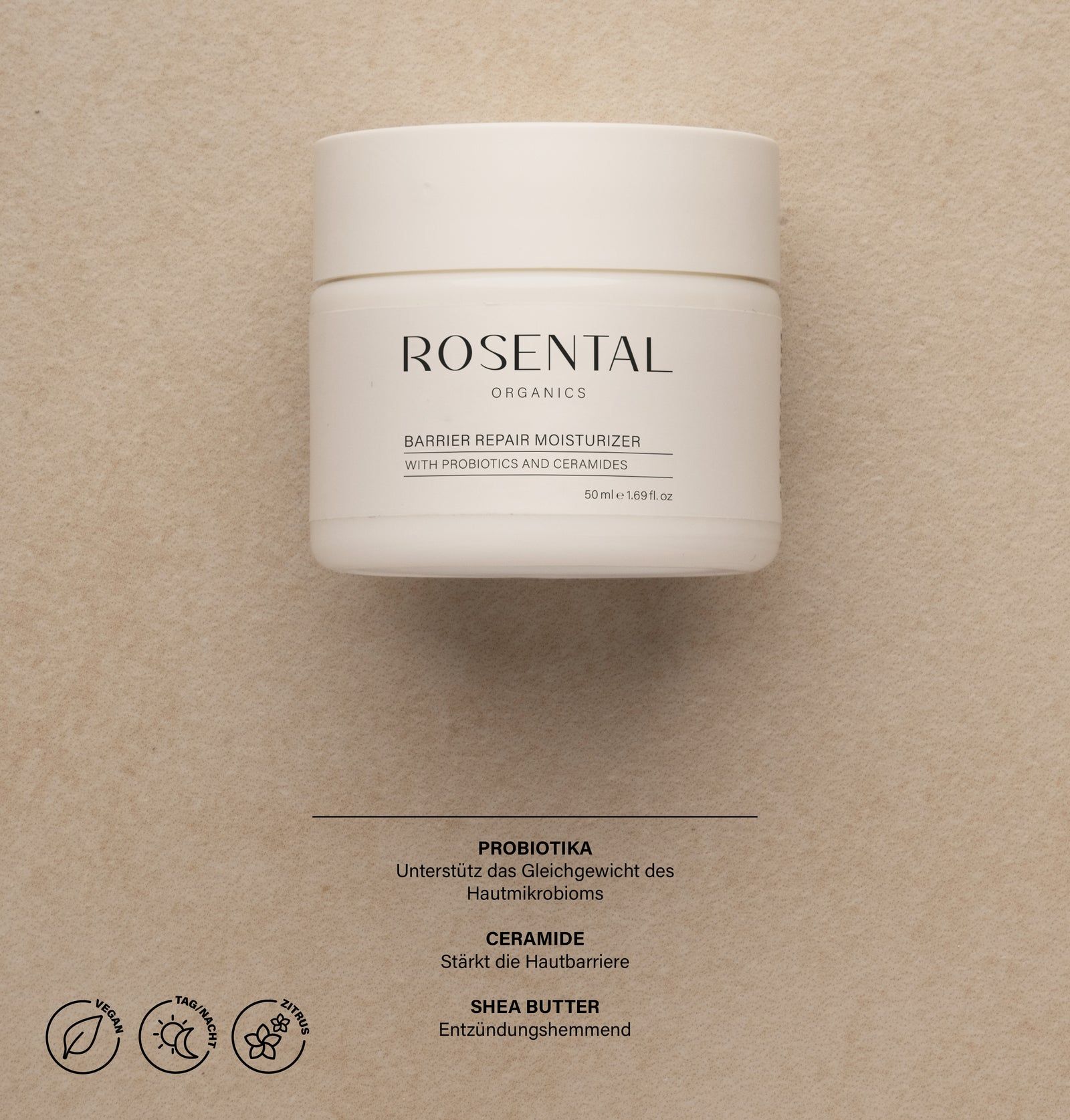Weißer Tiegel mit Aufschrift: Rosental Organics. Produktname: Barrier Repair Moisturizer. Text: Mit Probiotika und Ceramiden.